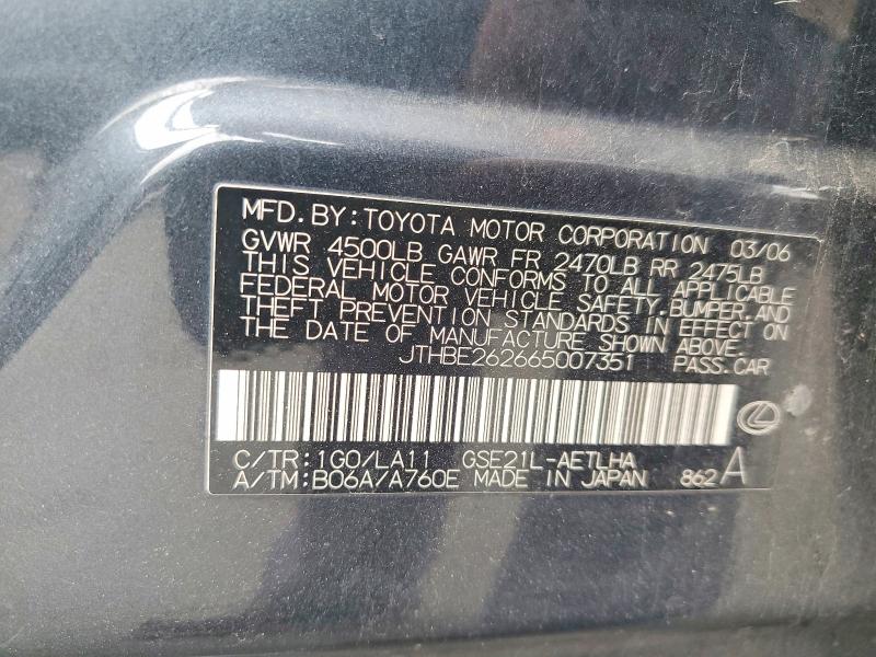 53243756 :رقم المزاد ، JTHBE262665007351 vin ، 2006 Lexus Is مزاد بيع