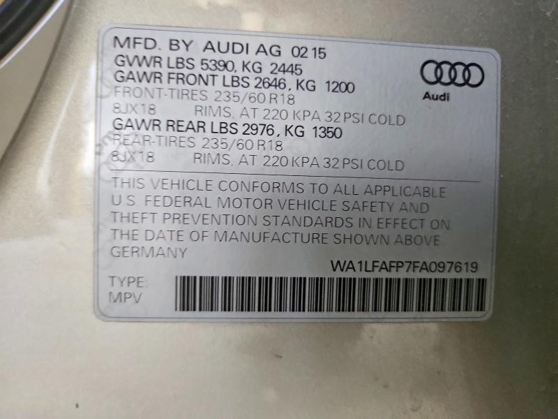 Продаж на аукціоні авто 2015 Audi Q5, vin: WA1LFAFP7FA097619, номер лоту: 52669466