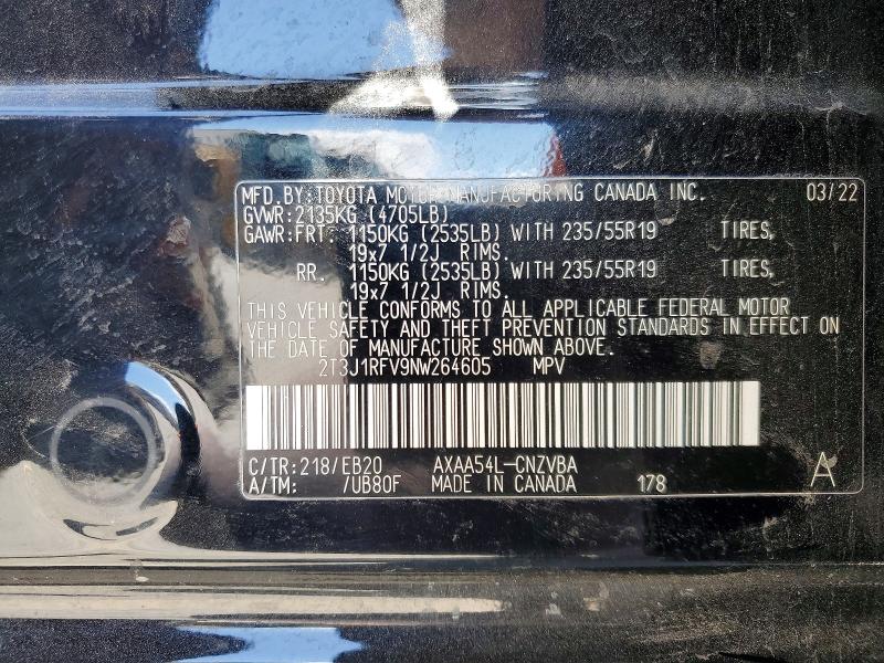 Aukcja sprzedaży 2022 Toyota Rav4, vin: 2T3J1RFV9NW264605, numer aukcji: 55082666