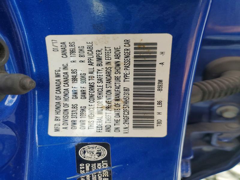 Продаж на аукціоні авто 2017 Honda Civic, vin: 2HGFC2F57HH513187, номер лоту: 55330856