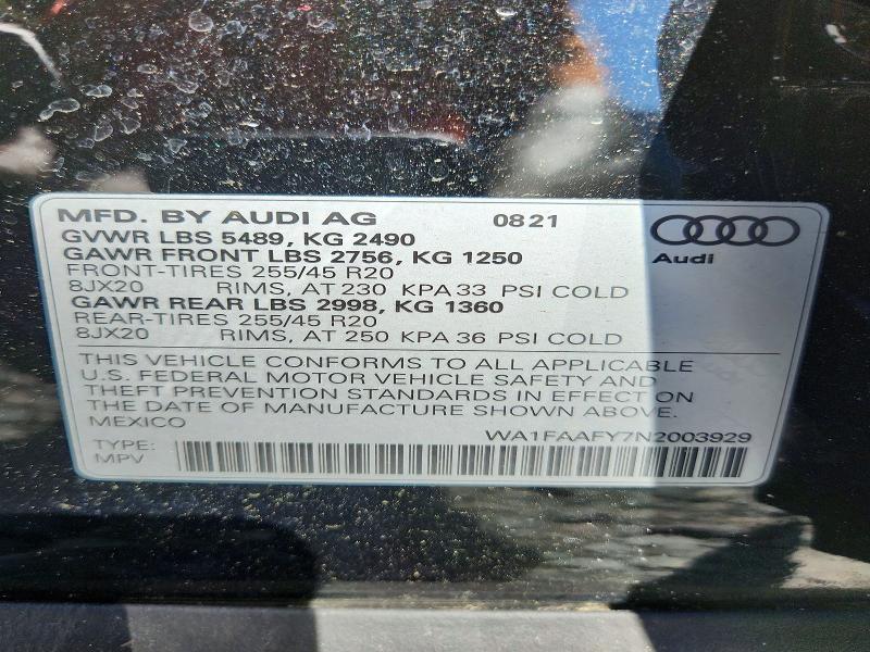 2022 Audi Q5 მანქანა იყიდება აუქციონზე, vin: WA1FAAFY7N2003929, აუქციონის ნომერი: 52870986