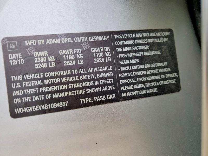 2011 Buick Regal მანქანა იყიდება აუქციონზე, vin: W04GV5EV4B1094957, აუქციონის ნომერი: 52828876