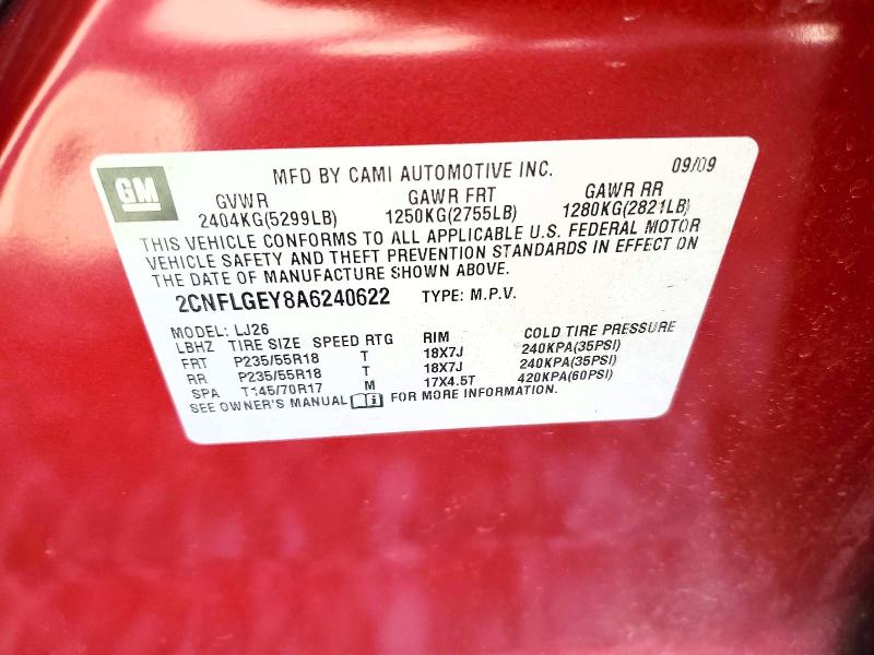 53582876 :رقم المزاد ، 2CNFLGEY8A6240622 vin ، 2010 Chevrolet Equinox مزاد بيع
