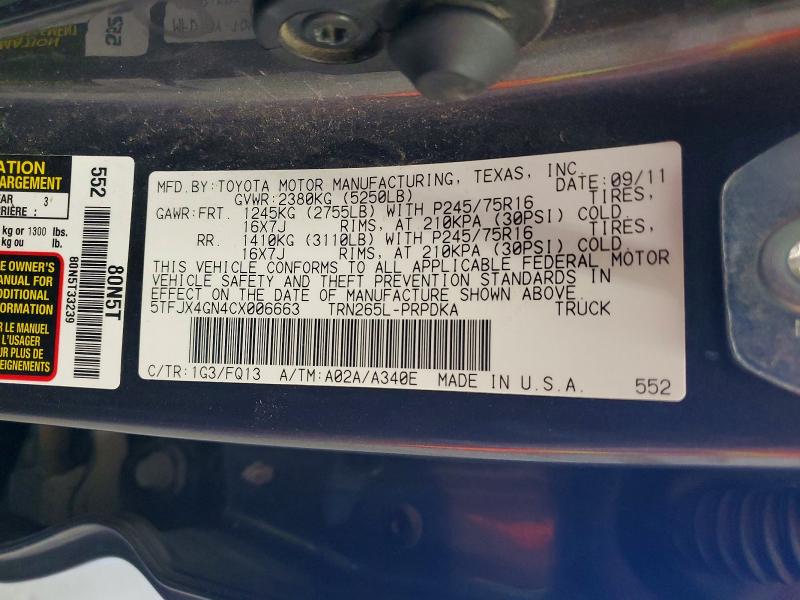 Продажа на аукционе авто 2012 Toyota Tacoma, vin: 5TFJX4GN4CX006663, номер лота: 55455766