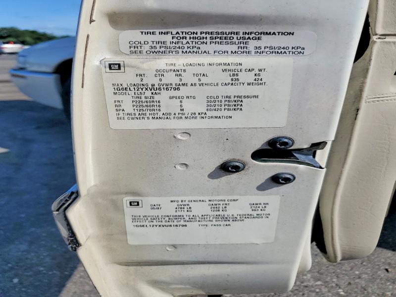 1997 Cadillac Eldorado მანქანა იყიდება აუქციონზე, vin: 1G6EL12YXVU616796, აუქციონის ნომერი: 55555616