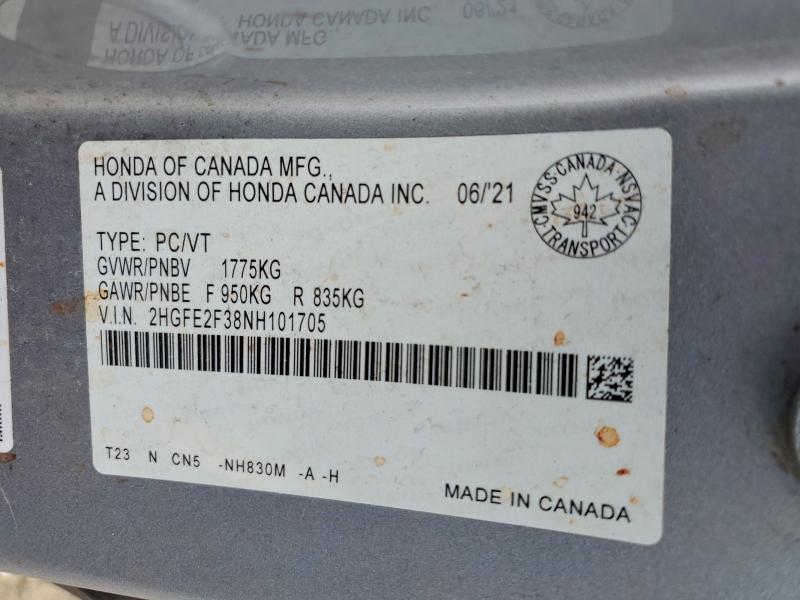 Auction sale of the 2022 Honda Civic, vin: 2HGFE2F38NH101705, lot number: 51541446