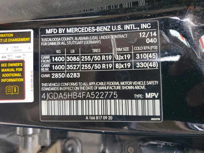 52388106 :رقم المزاد ، 4JGDA5HB4FA522775 vin ، 2015 Mercedes-benz Ml مزاد بيع