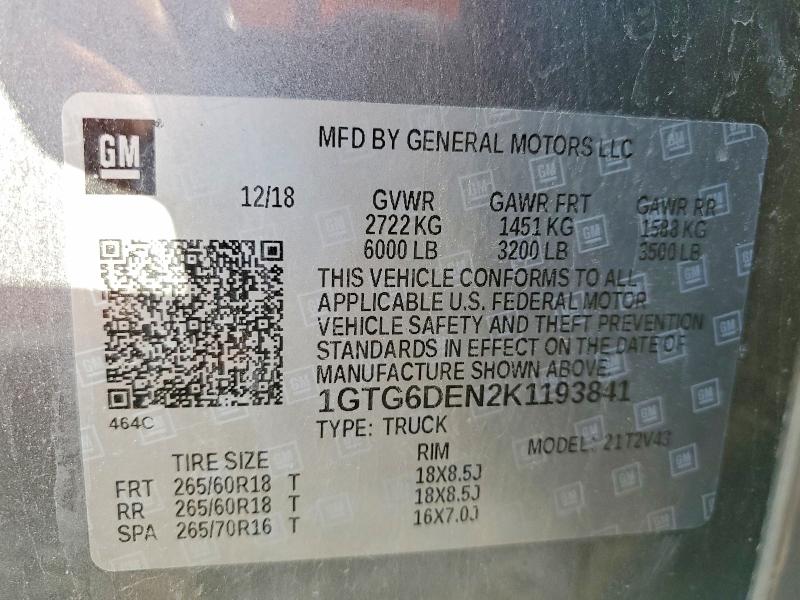 Auction sale of the 2019 Gmc Canyon, vin: 1GTG6DEN2K1193841, lot number: 46285116