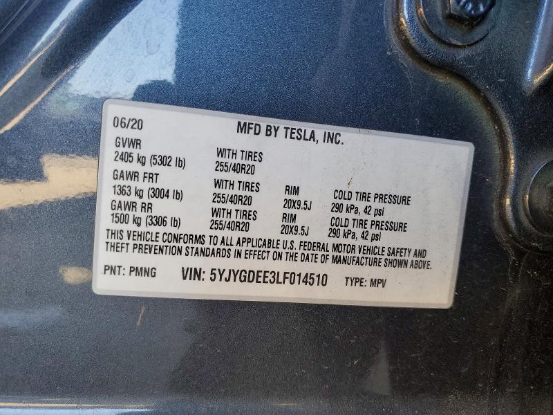 2020 Tesla Model Y მანქანა იყიდება აუქციონზე, vin: 5YJYGDEE3LF014510, აუქციონის ნომერი: 54020786