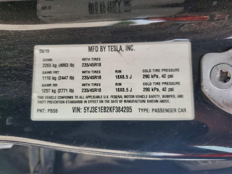 53256186 :رقم المزاد ، 5YJ3E1EB2KF384205 vin ، 2019 Tesla Model 3 مزاد بيع