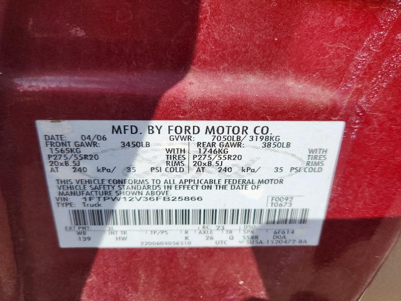 52699486 :رقم المزاد ، 1FTPW12V36FB25866 vin ، 2006 Ford F150 مزاد بيع