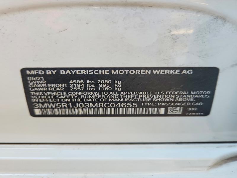 Aukcja sprzedaży 2021 Bmw 330i, vin: 3MW5R1J03M8C04655, numer aukcji: 52922836