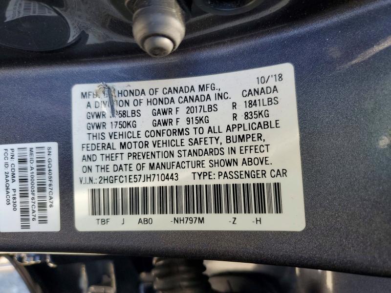 54206696 :رقم المزاد ، 2HGFC1E57JH710443 vin ، 2018 Honda Civic مزاد بيع