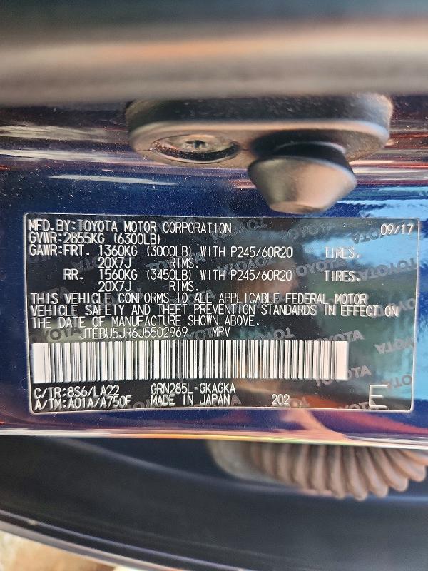 2018 Toyota 4runner მანქანა იყიდება აუქციონზე, vin: JTEBU5JR6J5502969, აუქციონის ნომერი: 54005406