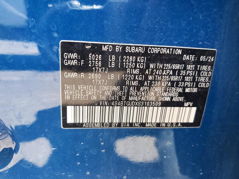 2025 Subaru Outback მანქანა იყიდება აუქციონზე, vin: 4S4BTGUDXS3103509, აუქციონის ნომერი: 53559976