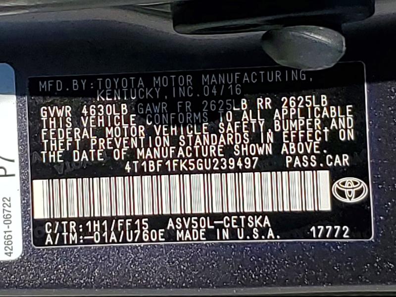 Aukcja sprzedaży 2016 Toyota Camry, vin: 4T1BF1FK5GU239497, numer aukcji: 54614656