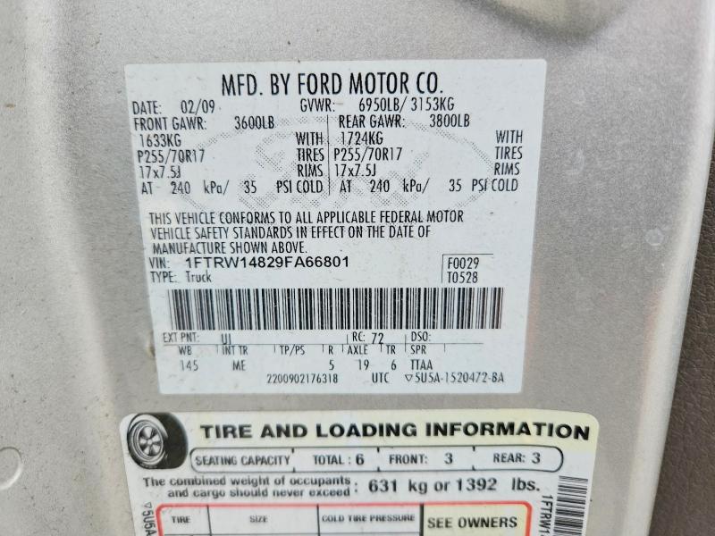 2009 Ford F150 მანქანა იყიდება აუქციონზე, vin: 1FTRW14829FA66801, აუქციონის ნომერი: 52784626