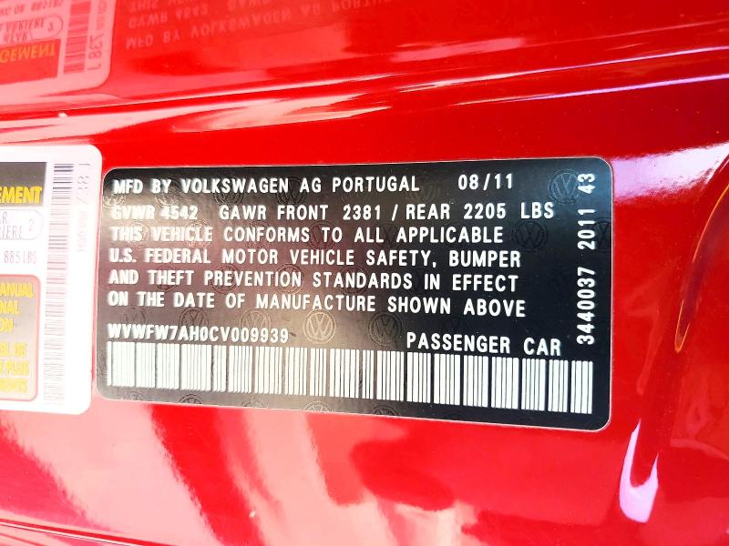 2012 Volkswagen Eos მანქანა იყიდება აუქციონზე, vin: WVWFW7AH0CV009939, აუქციონის ნომერი: 52459906