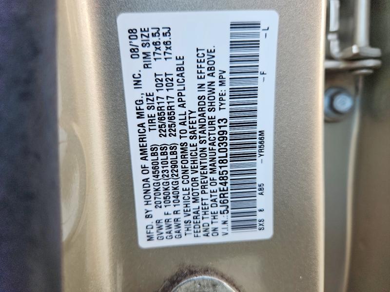 52937686 :رقم المزاد ، 5J6RE48518L039913 vin ، 2008 Honda Cr-v مزاد بيع