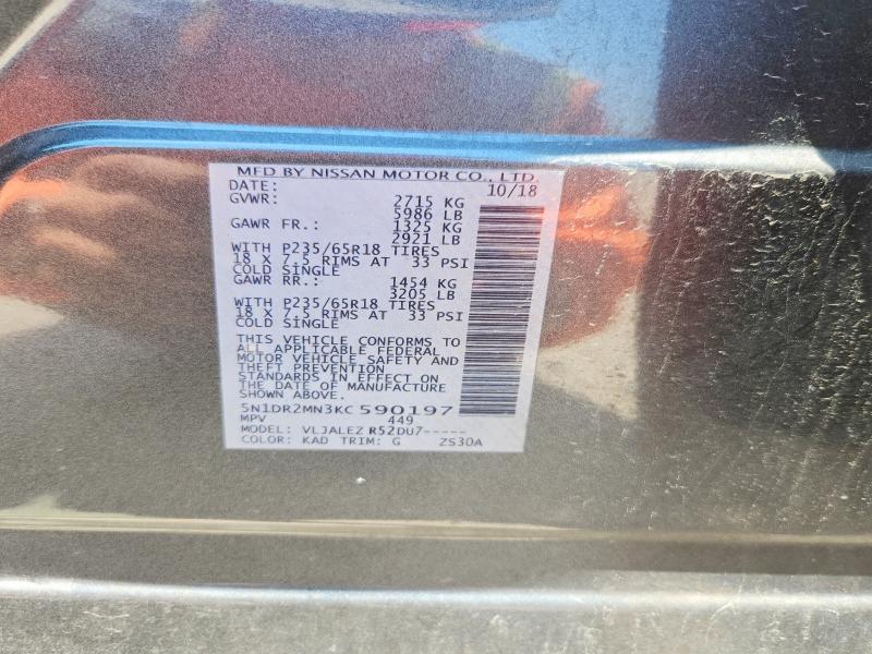 53789836 :رقم المزاد ، 5N1DR2MN3KC590197 vin ، 2019 Nissan Pathfinder مزاد بيع