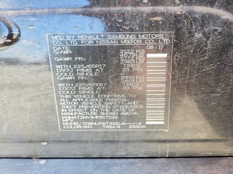 51601146 :رقم المزاد ، KNMAT2MV1HP617326 vin ، 2017 Nissan Rogue مزاد بيع