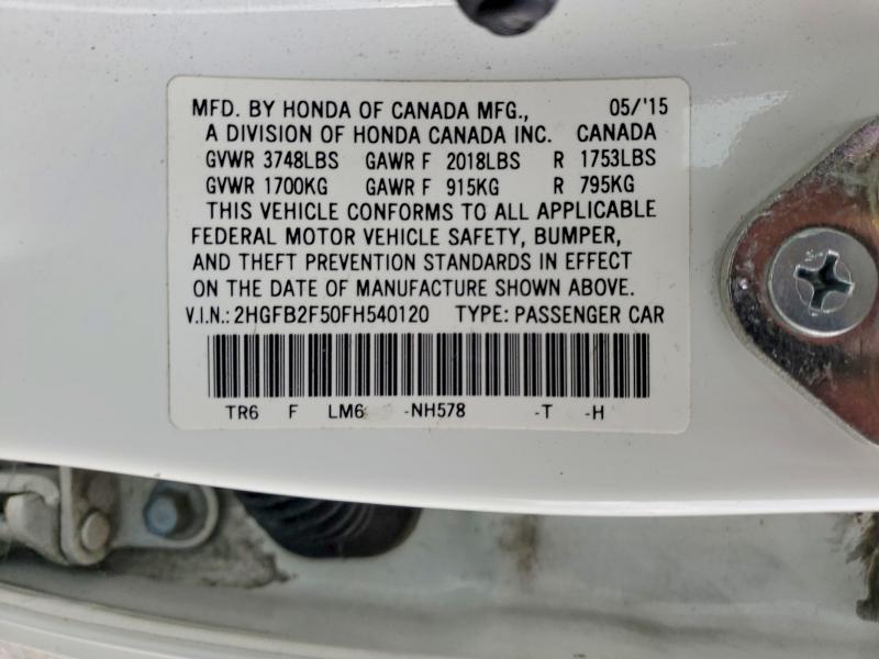 51869656 :رقم المزاد ، 2HGFB2F50FH540120 vin ، 2015 Honda Civic مزاد بيع