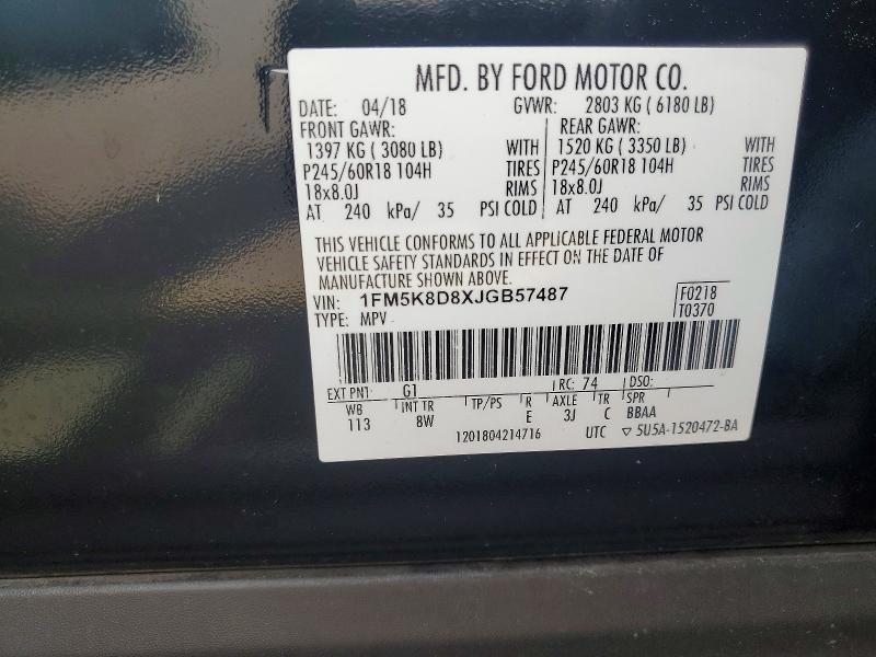 52782156 :رقم المزاد ، 1FM5K8D8XJGB57487 vin ، 2018 Ford Explorer مزاد بيع