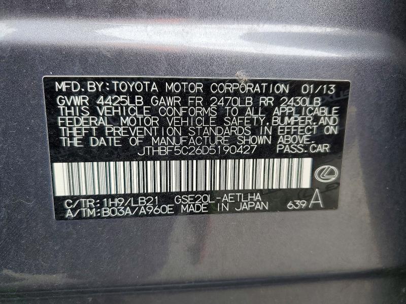 53964166 :رقم المزاد ، JTHBF5C26D5190427 vin ، 2013 Lexus Is مزاد بيع