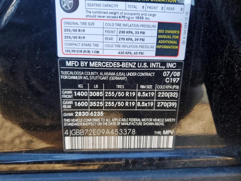 52263736 :رقم المزاد ، 4JGBB72E09A453378 vin ، 2009 Mercedes-benz Ml مزاد بيع