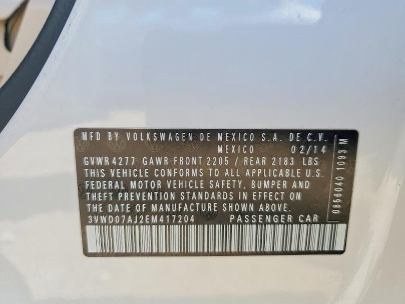 53014436 :رقم المزاد ، 3VWD07AJ2EM417204 vin ، 2014 Volkswagen Jetta مزاد بيع