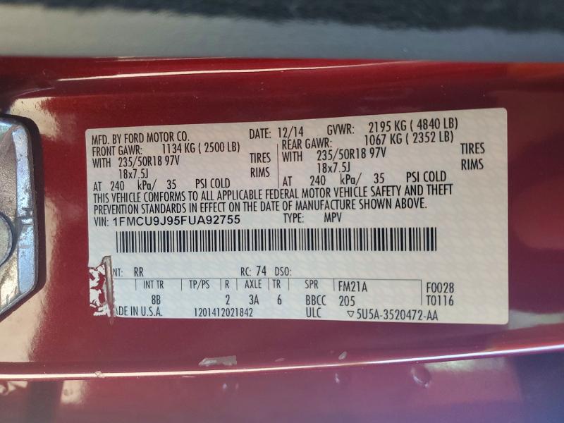 2015 Ford Escape მანქანა იყიდება აუქციონზე, vin: 1FMCU9J95FUA92755, აუქციონის ნომერი: 54864296