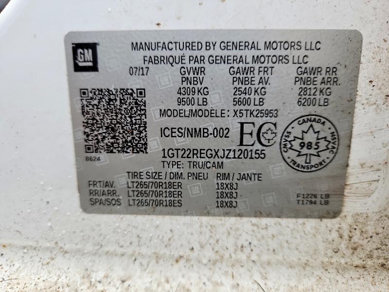 2018 Gmc Sierra მანქანა იყიდება აუქციონზე, vin: 1GT22REGXJZ120155, აუქციონის ნომერი: 52321066