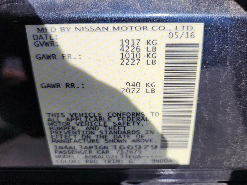 2016 Nissan Altima მანქანა იყიდება აუქციონზე, vin: 1N4AL3AP1GN366979, აუქციონის ნომერი: 53380676