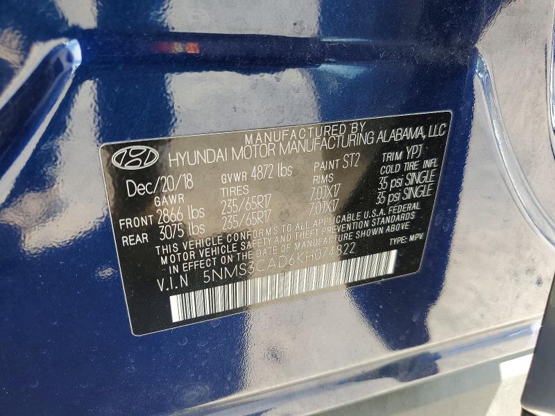 54857116 :رقم المزاد ، 5NMS3CAD6KH074822 vin ، 2019 Hyundai Santa Fe مزاد بيع