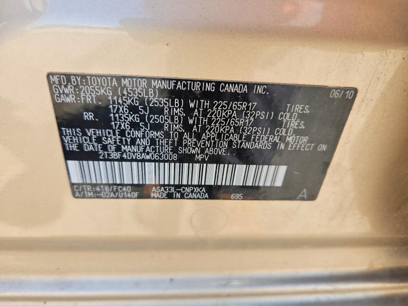 2010 Toyota Rav4 მანქანა იყიდება აუქციონზე, vin: 2T3BF4DV8AW063008, აუქციონის ნომერი: 53191906