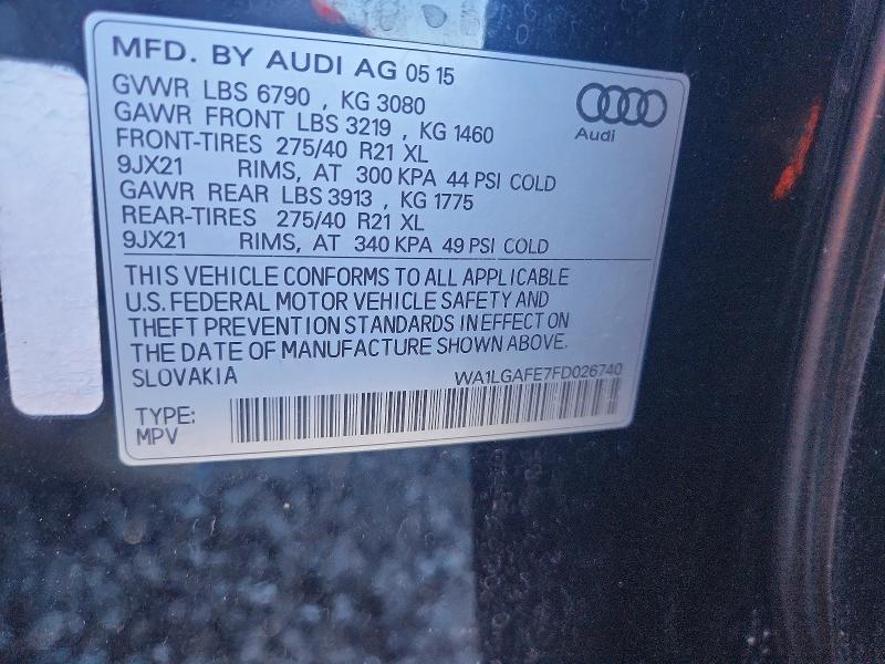 2015 Audi Q7 მანქანა იყიდება აუქციონზე, vin: WA1LGAFE7FD026740, აუქციონის ნომერი: 52306746