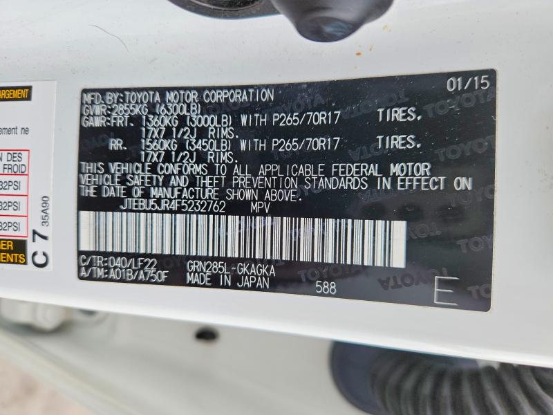 2015 Toyota 4runner მანქანა იყიდება აუქციონზე, vin: JTEBU5JR4F5232762, აუქციონის ნომერი: 55399646