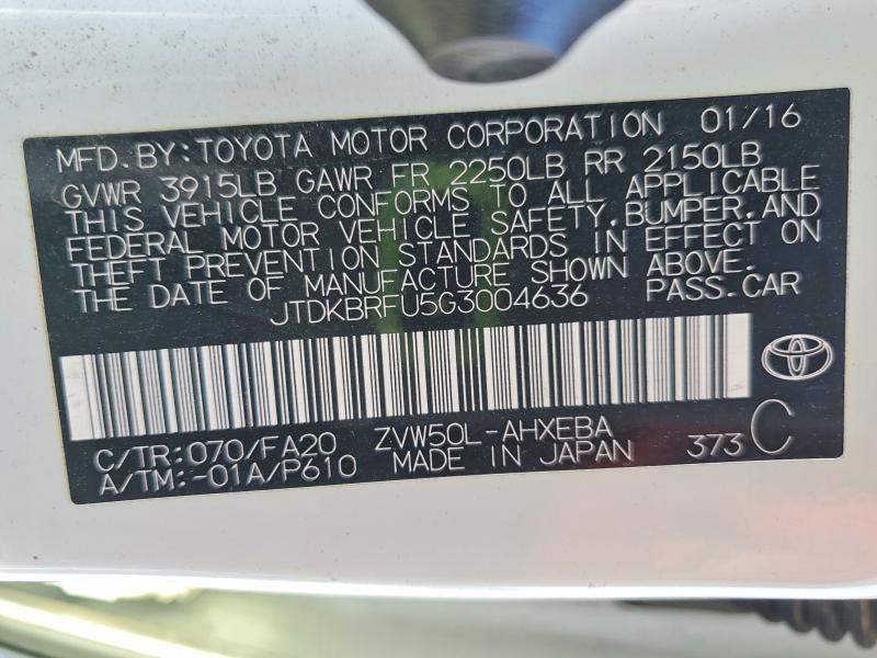53988386 :رقم المزاد ، JTDKBRFU5G3004636 vin ، 2016 Toyota Prius مزاد بيع