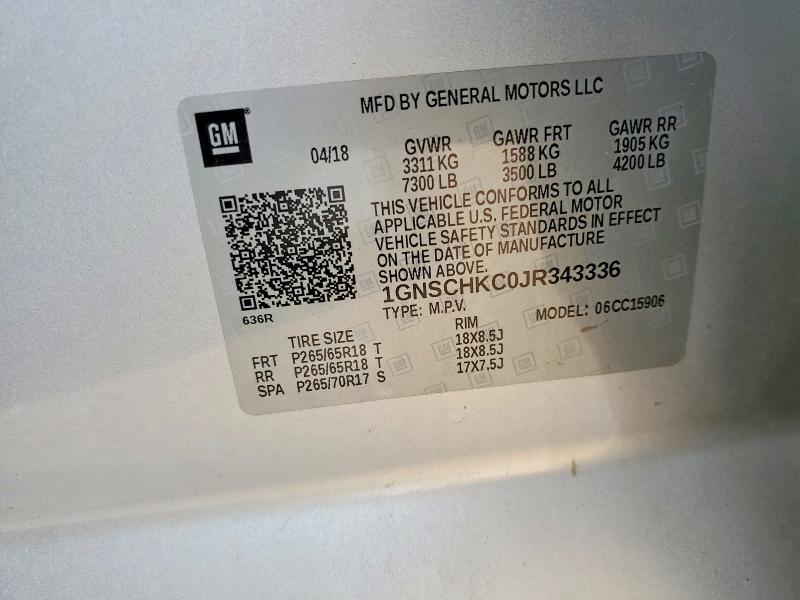 Продаж на аукціоні авто 2018 Chevrolet Suburban, vin: 1GNSCHKC0JR343336, номер лоту: 52210866