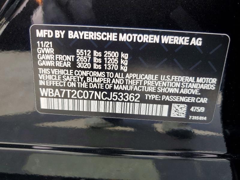 Aukcja sprzedaży 2022 Bmw 740, vin: WBA7T2C07NCJ53362, numer aukcji: 55195516