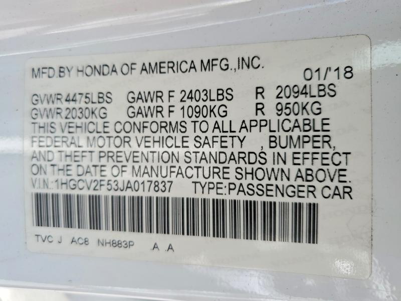 Продажа на аукционе авто 2018 Honda Accord, vin: 1HGCV2F53JA017837, номер лота: 51412876