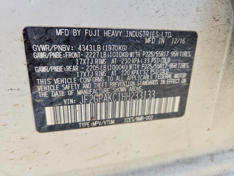 54334556 :رقم المزاد ، JF2GPAKC1HH233133 vin ، 2017 Subaru Crosstrek مزاد بيع