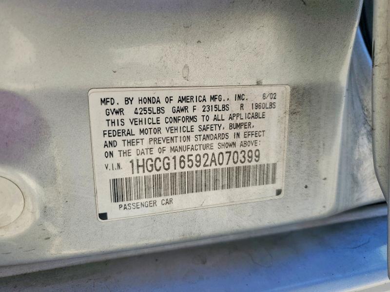 54180186 :رقم المزاد ، 1HGCG16592A070399 vin ، 2002 Honda Accord مزاد بيع