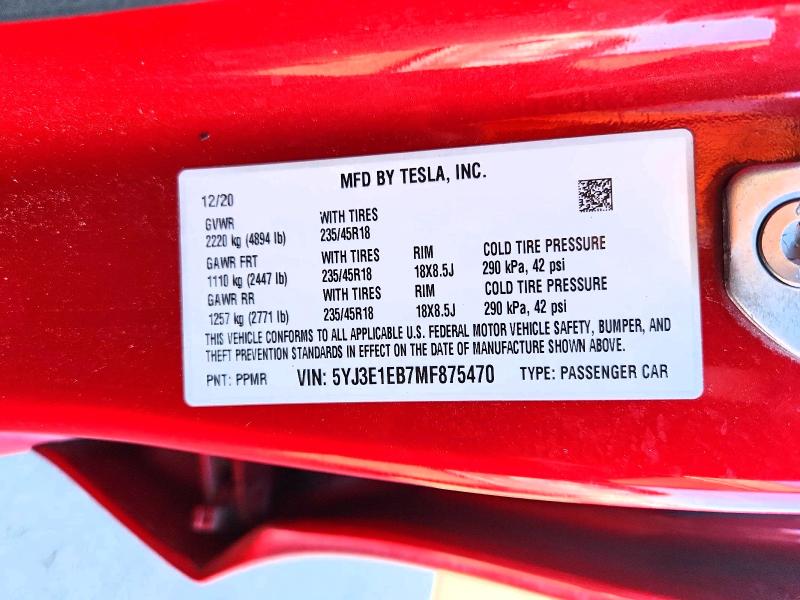 Продажа на аукционе авто 2021 Tesla Model 3, vin: 5YJ3E1EB7MF875470, номер лота: 54257036