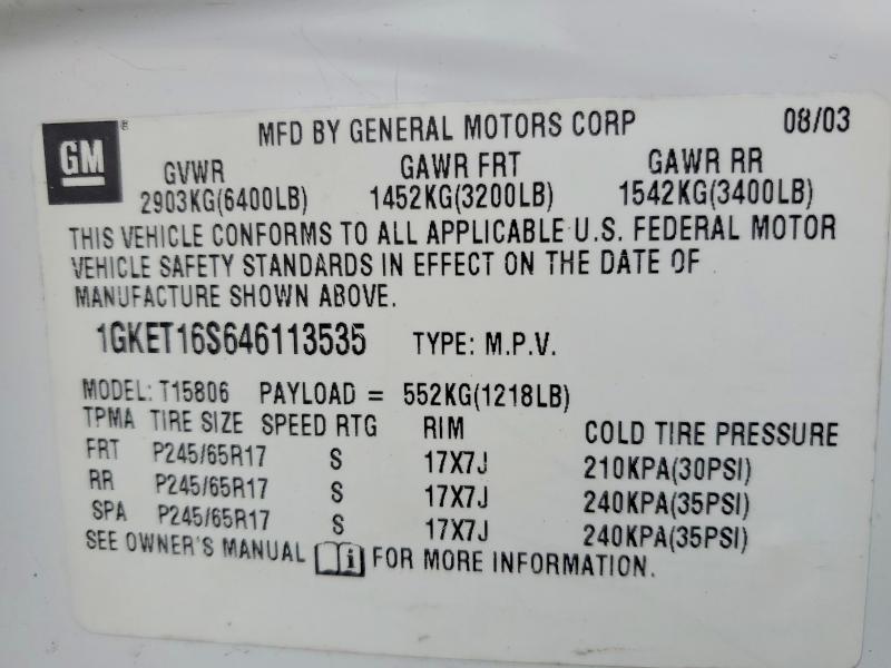 50439556 :رقم المزاد ، 1GKET16S646113535 vin ، 2004 Gmc Envoy مزاد بيع