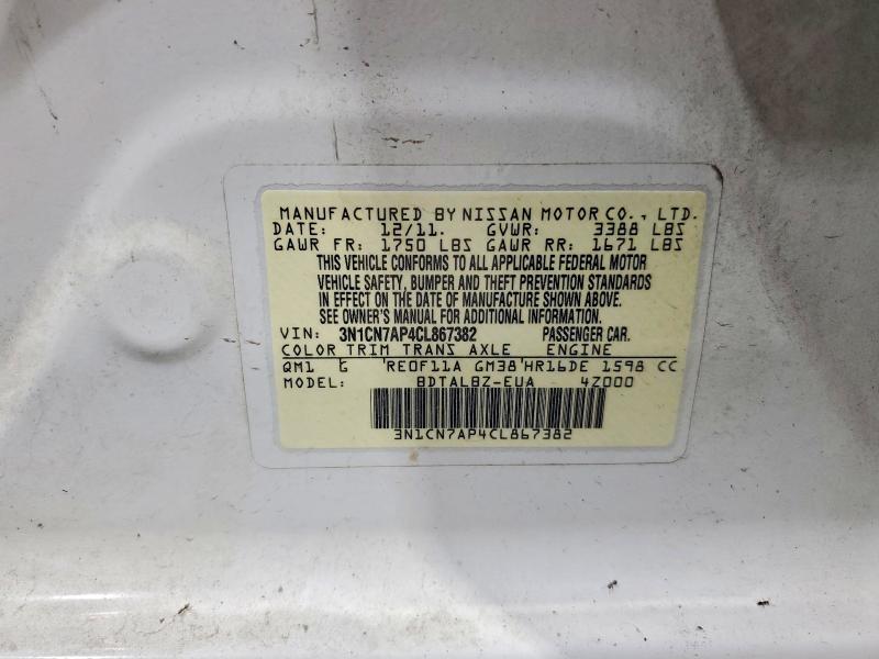 2012 Nissan Versa მანქანა იყიდება აუქციონზე, vin: 3N1CN7AP4CL867382, აუქციონის ნომერი: 52779956