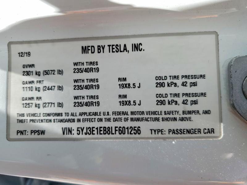 54540496 :رقم المزاد ، 5YJ3E1EB8LF601256 vin ، 2020 Tesla Model 3 مزاد بيع