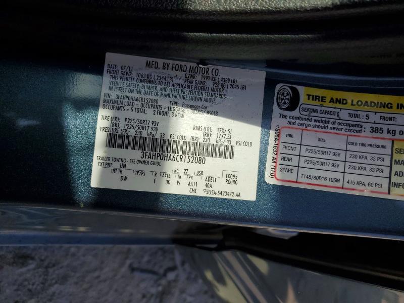 2012 Ford Fusion მანქანა იყიდება აუქციონზე, vin: 3FAHP0HA6CR152080, აუქციონის ნომერი: 53982956