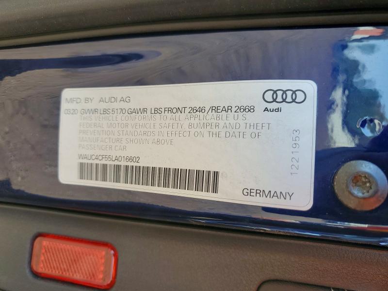 2020 Audi S5 მანქანა იყიდება აუქციონზე, vin: WAUC4CF55LA016602, აუქციონის ნომერი: 51951596