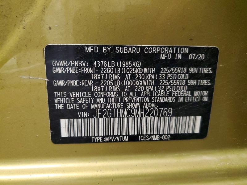 2021 Subaru Crosstrek მანქანა იყიდება აუქციონზე, vin: JF2GTHMC9MH220769, აუქციონის ნომერი: 54718866